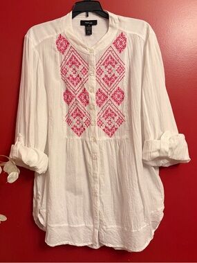 Style & Co. White Button-Front  Top with Pink Embroidery